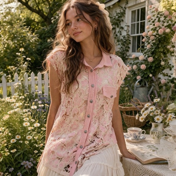 POL Tops - POL‎ Crochet Lace Button Front Top Pink Boho Cottagecore Sheer Collared Medium
